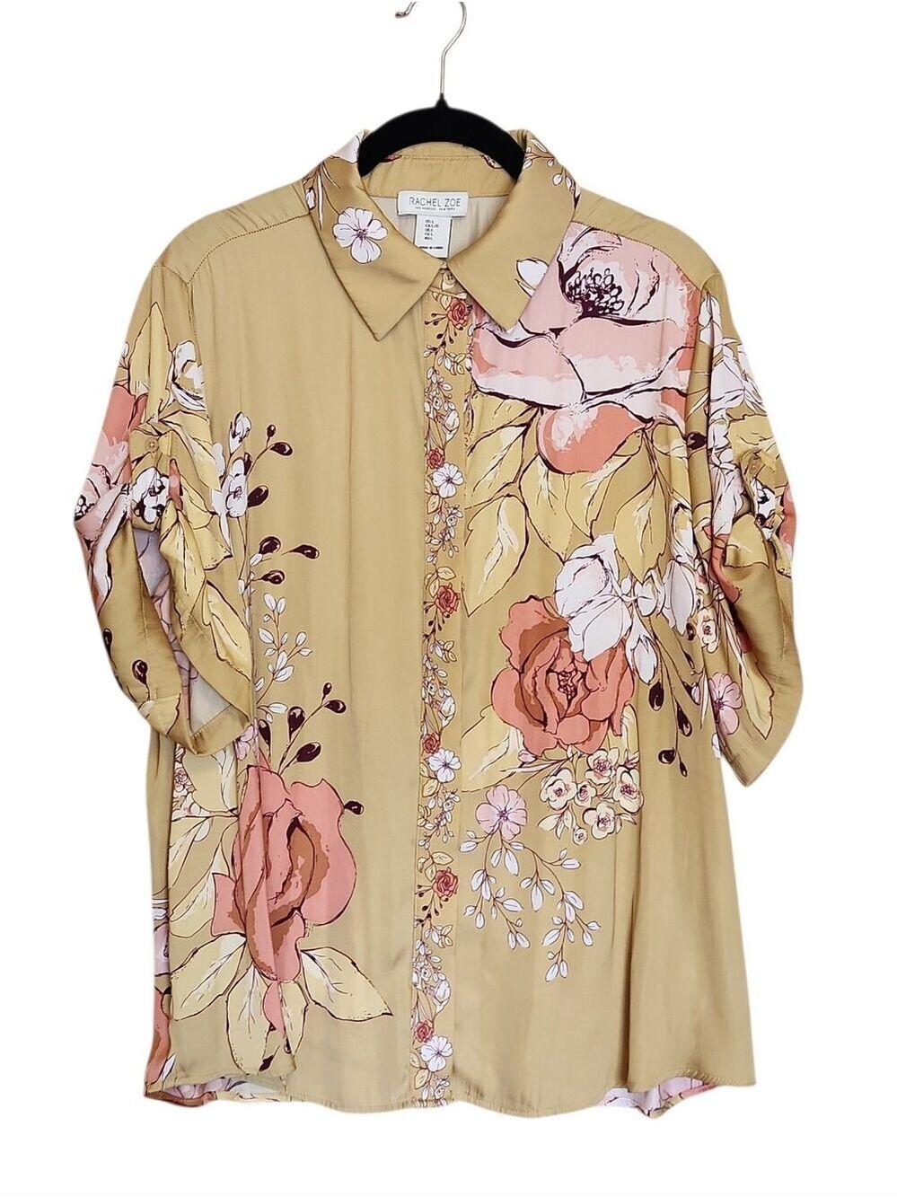 RACHEL ZOE FLORAL BUTTON FRONT TAB SLEEVE BLOUSE MUSTARD PINK LARGE LIKE NEW! - Picture 2 of 6